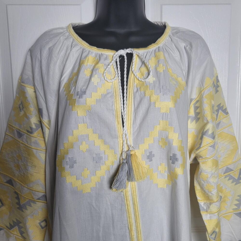 Julia Amory Dress 2XL White Yellow Coatue Caftan Embroidered Boho Maxi Belted - Picture 5 of 15